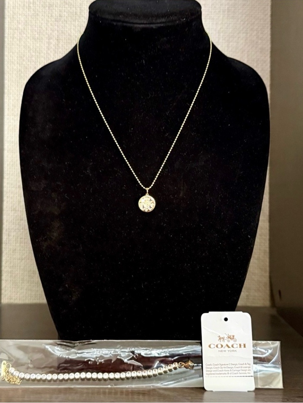 Coach Pink Crystal Medallion Necklace & Gold Tennis Bracelet
